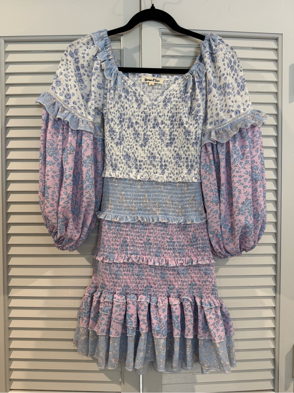 Blue & Pink Floral Smocked Mini Dress with Puff Sleeves